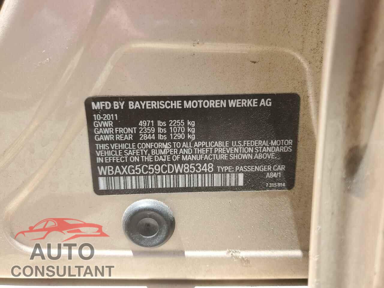 BMW 5 SERIES 2012 - WBAXG5C59CDW85348