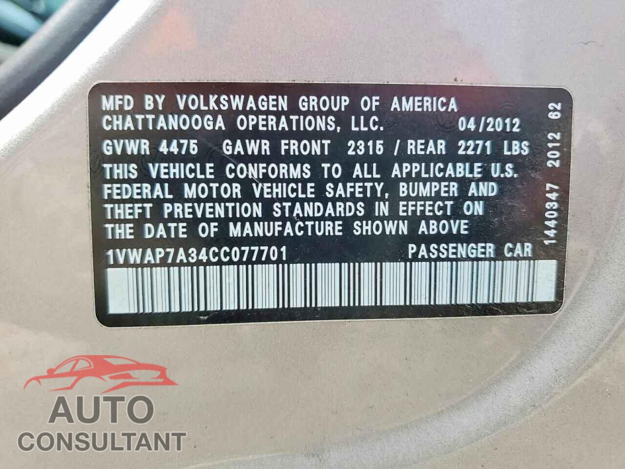VOLKSWAGEN PASSAT 2012 - 1VWAP7A34CC077701