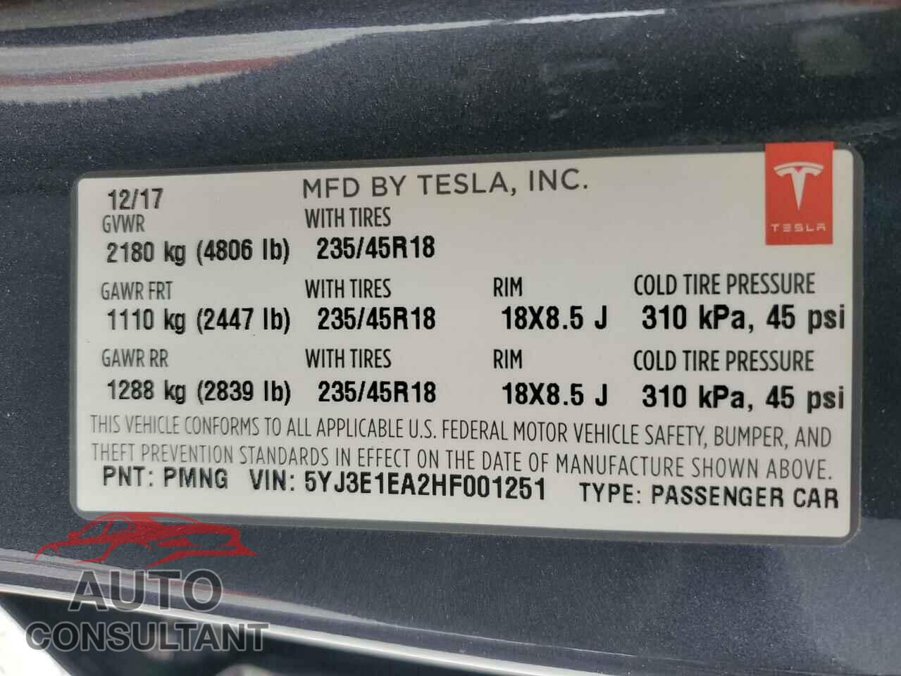 TESLA MODEL 3 2017 - 5YJ3E1EA2HF001251