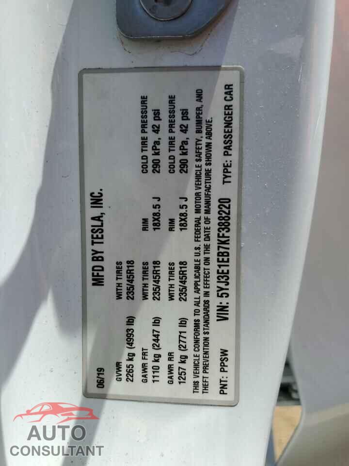 TESLA MODEL 3 2019 - 5YJ3E1EB7KF388220