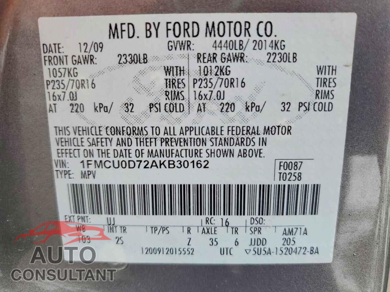 FORD ESCAPE 2010 - 1FMCU0D72AKB30162