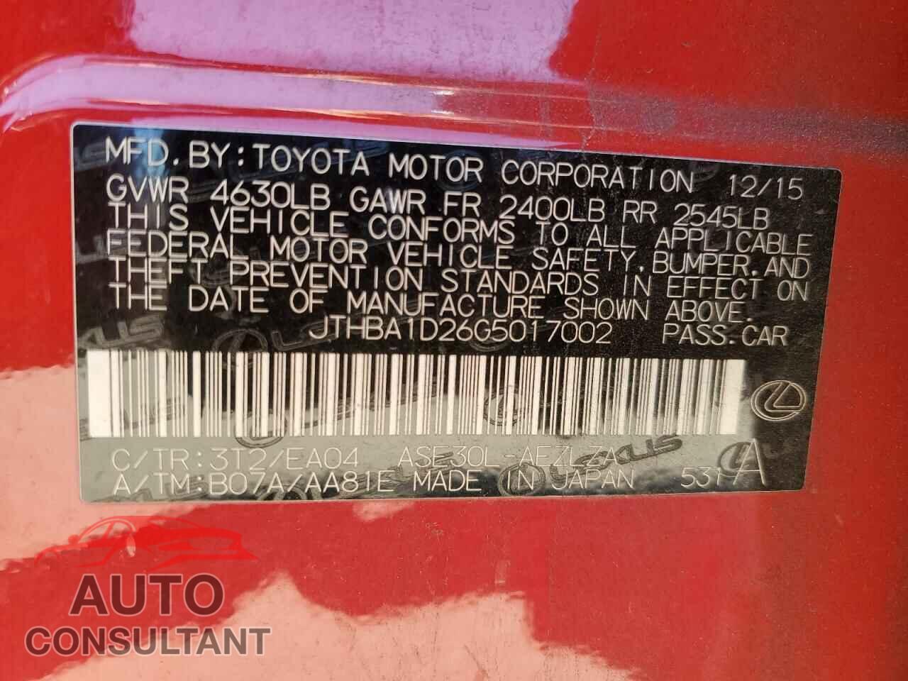 LEXUS IS 2016 - JTHBA1D26G5017002