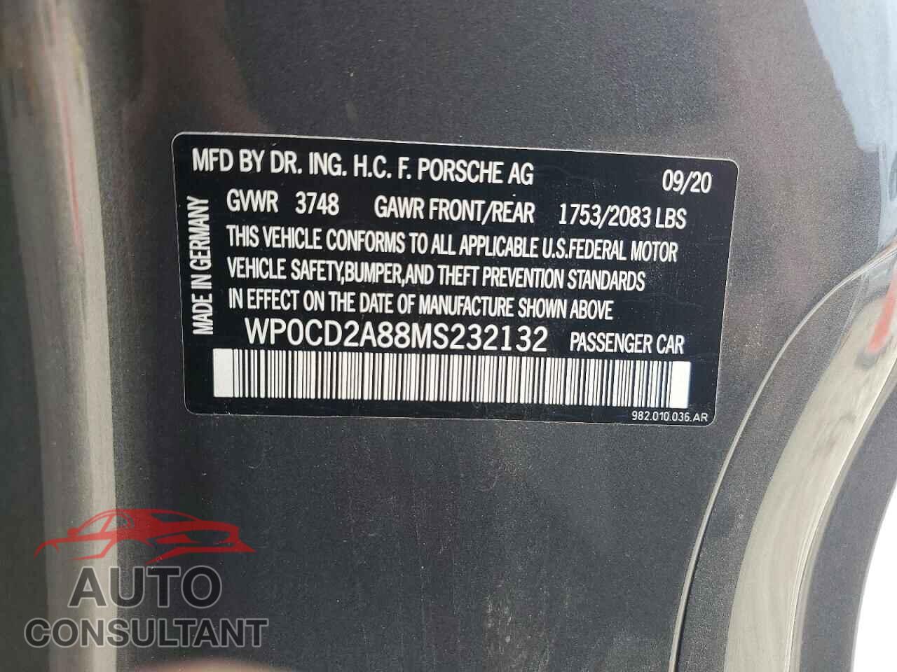 PORSCHE BOXSTER 2021 - WP0CD2A88MS232132