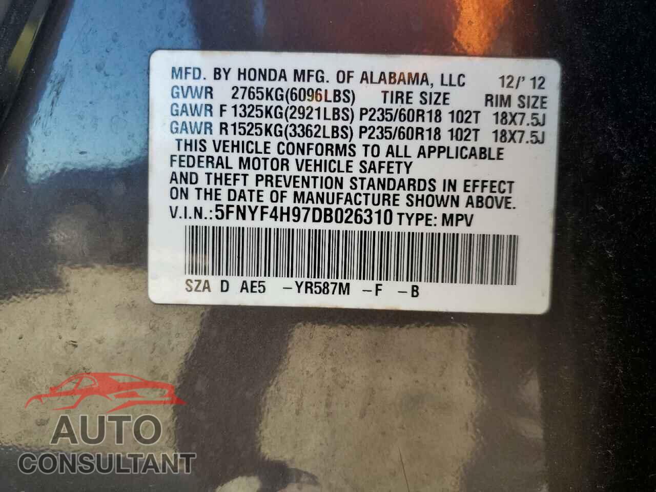 HONDA PILOT 2013 - 5FNYF4H97DB026310