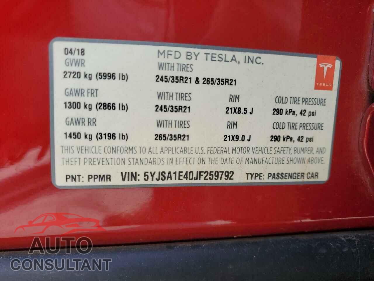 TESLA MODEL S 2018 - 5YJSA1E40JF259792