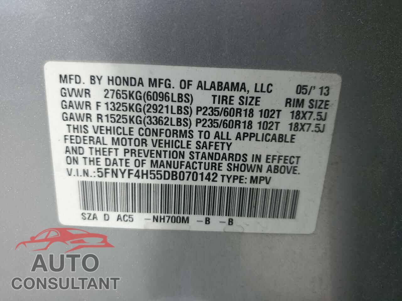 HONDA PILOT 2013 - 5FNYF4H55DB070142