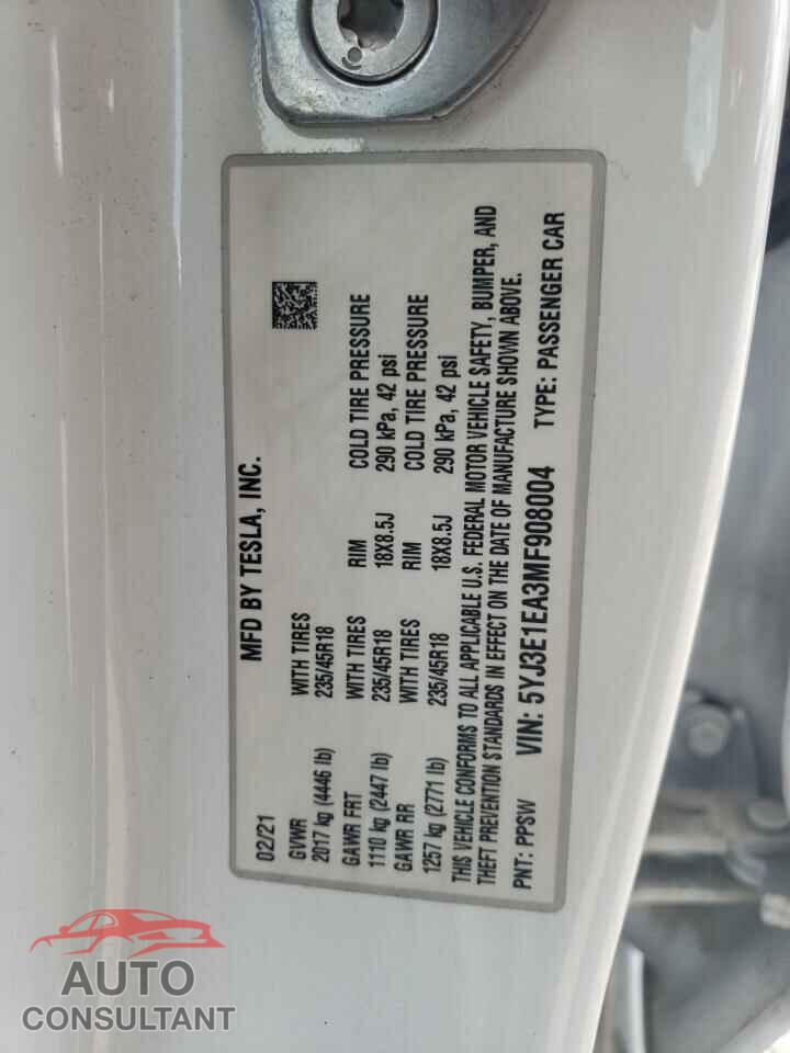 TESLA MODEL 3 2021 - 5YJ3E1EA3MF908004