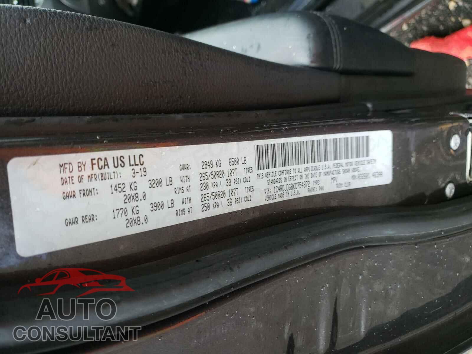 DODGE DURANGO 2019 - 1C4RDJDG8KC754872