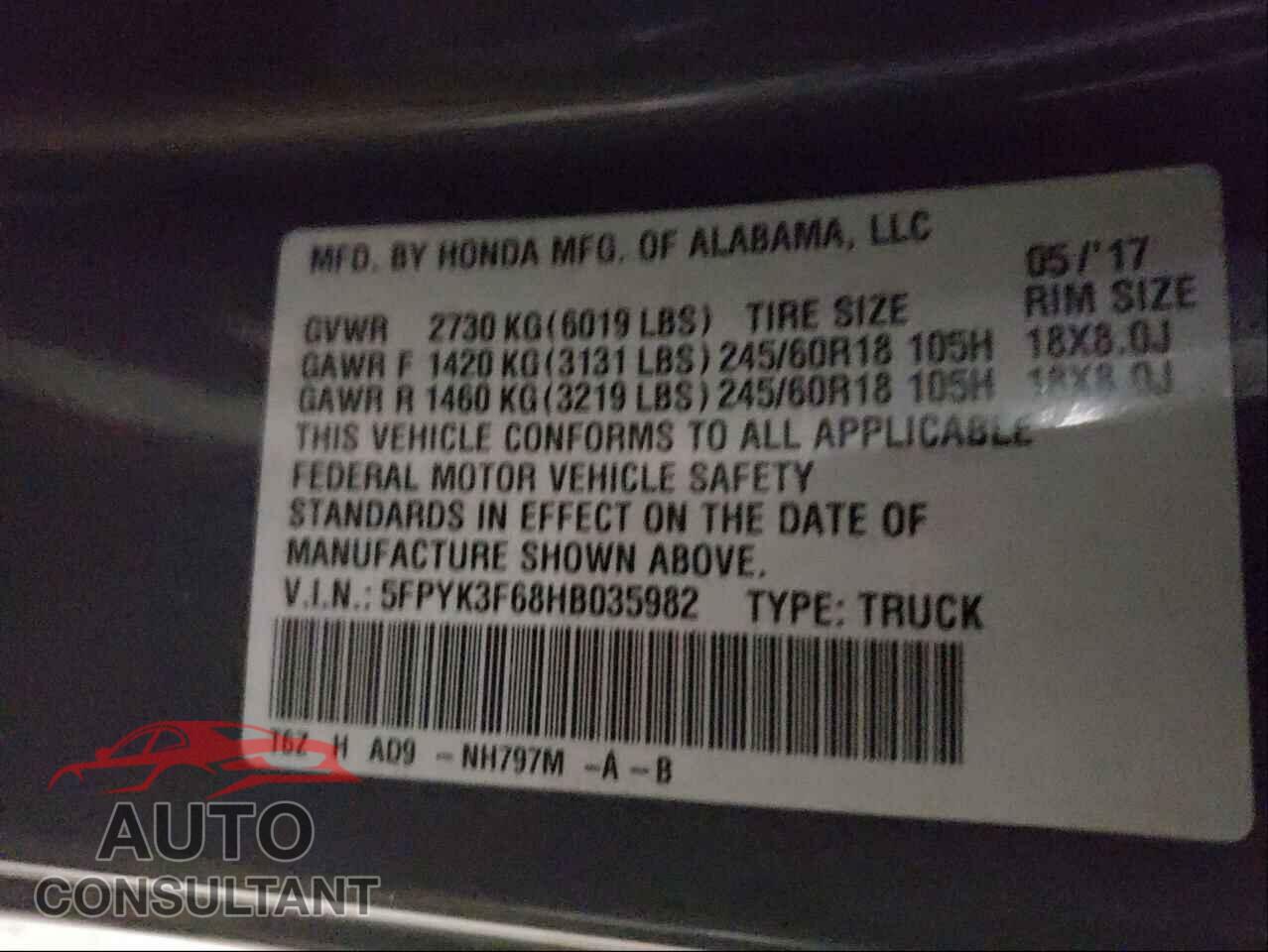 HONDA RIDGELINE 2017 - 5FPYK3F68HB035982