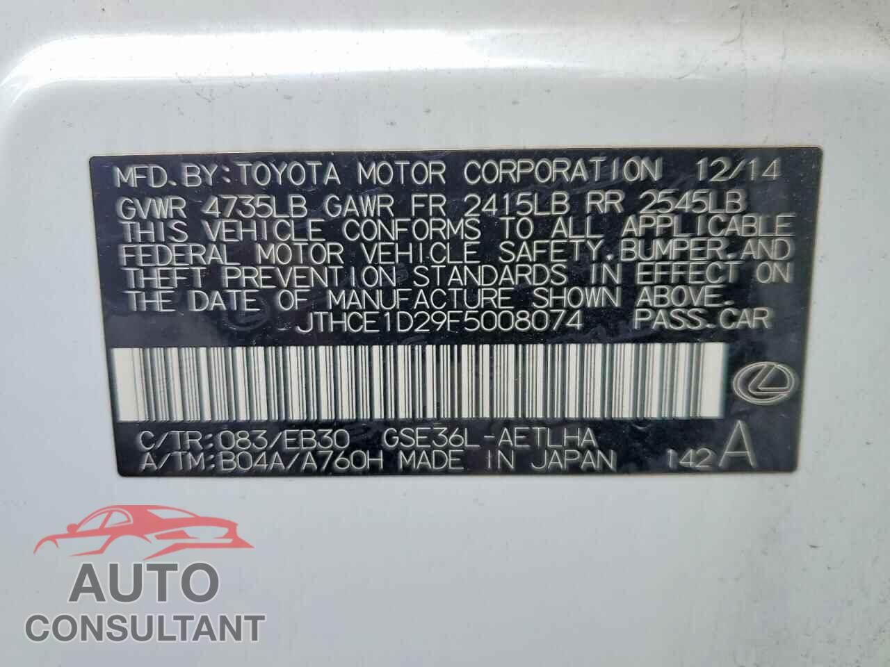 LEXUS IS 2015 - JTHCE1D29F5008074