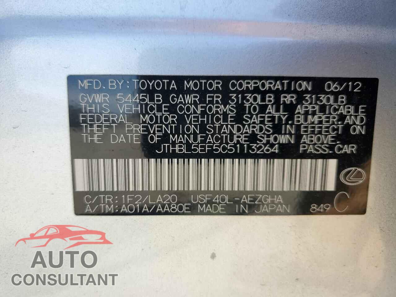 LEXUS LS460 2012 - JTHBL5EF5C5113264