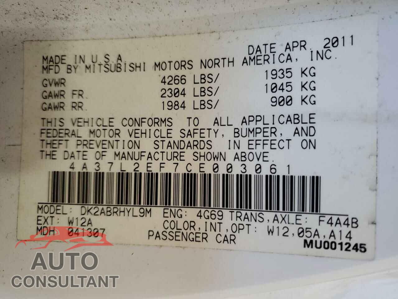 MITSUBISHI ECLIPSE 2012 - 4A37L2EF7CE003061