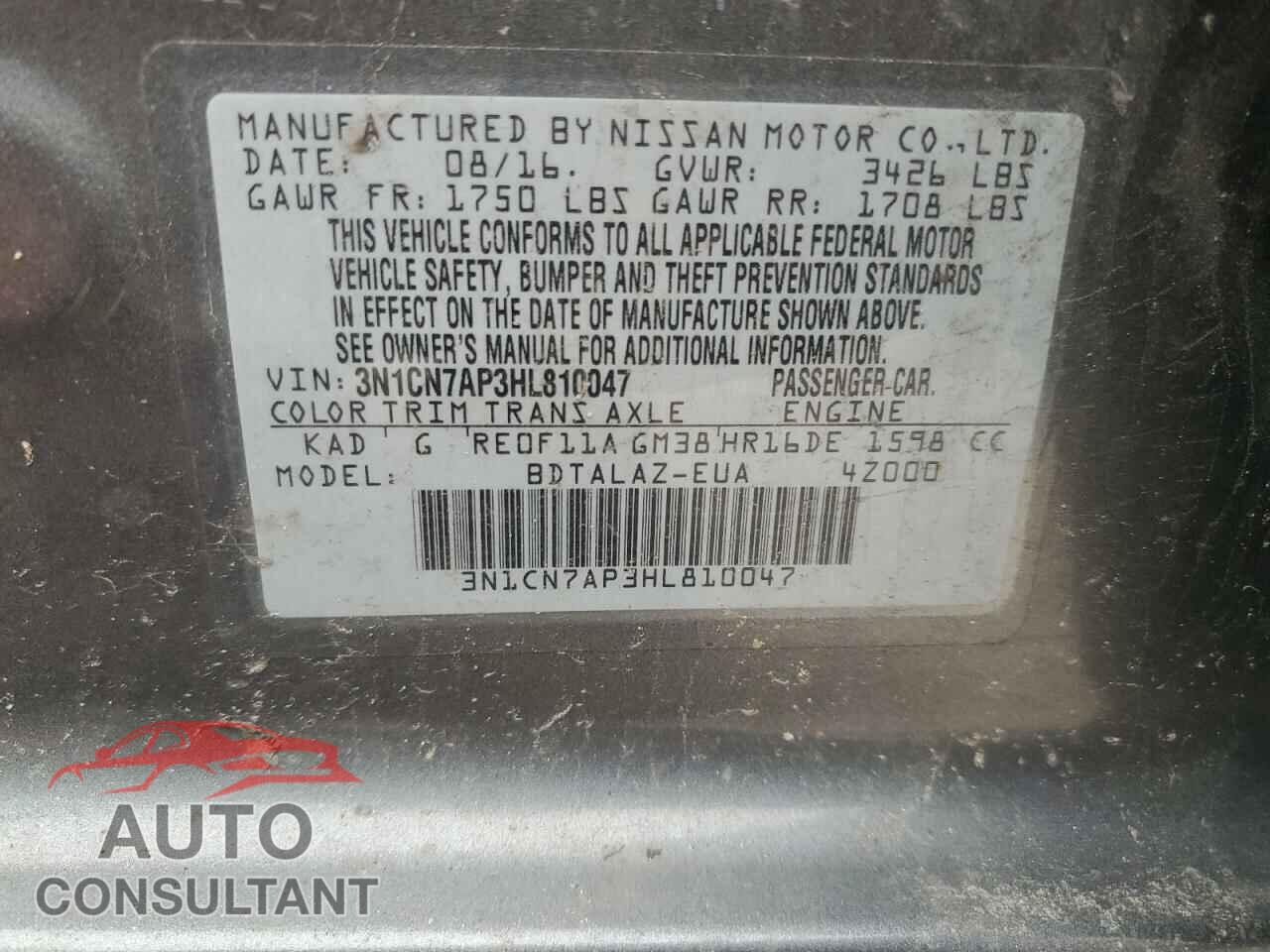 NISSAN VERSA 2017 - 3N1CN7AP3HL810047