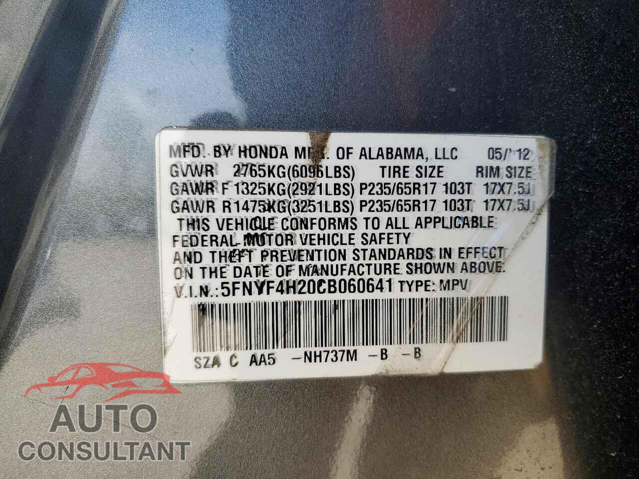 HONDA PILOT 2012 - 5FNYF4H20CB060641