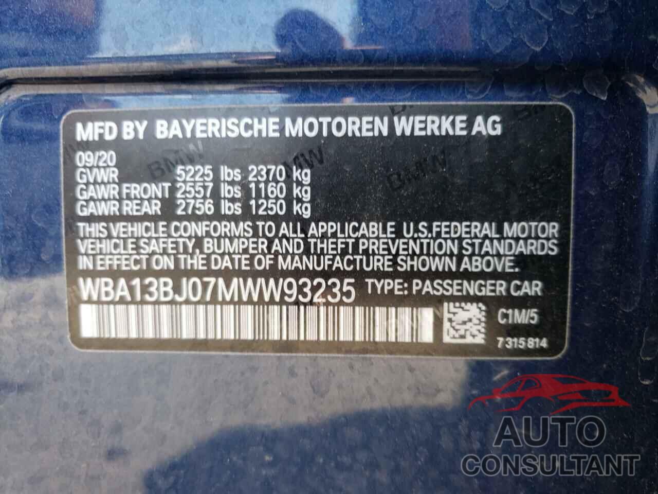 BMW 5 SERIES 2021 - WBA13BJ07MWW93235