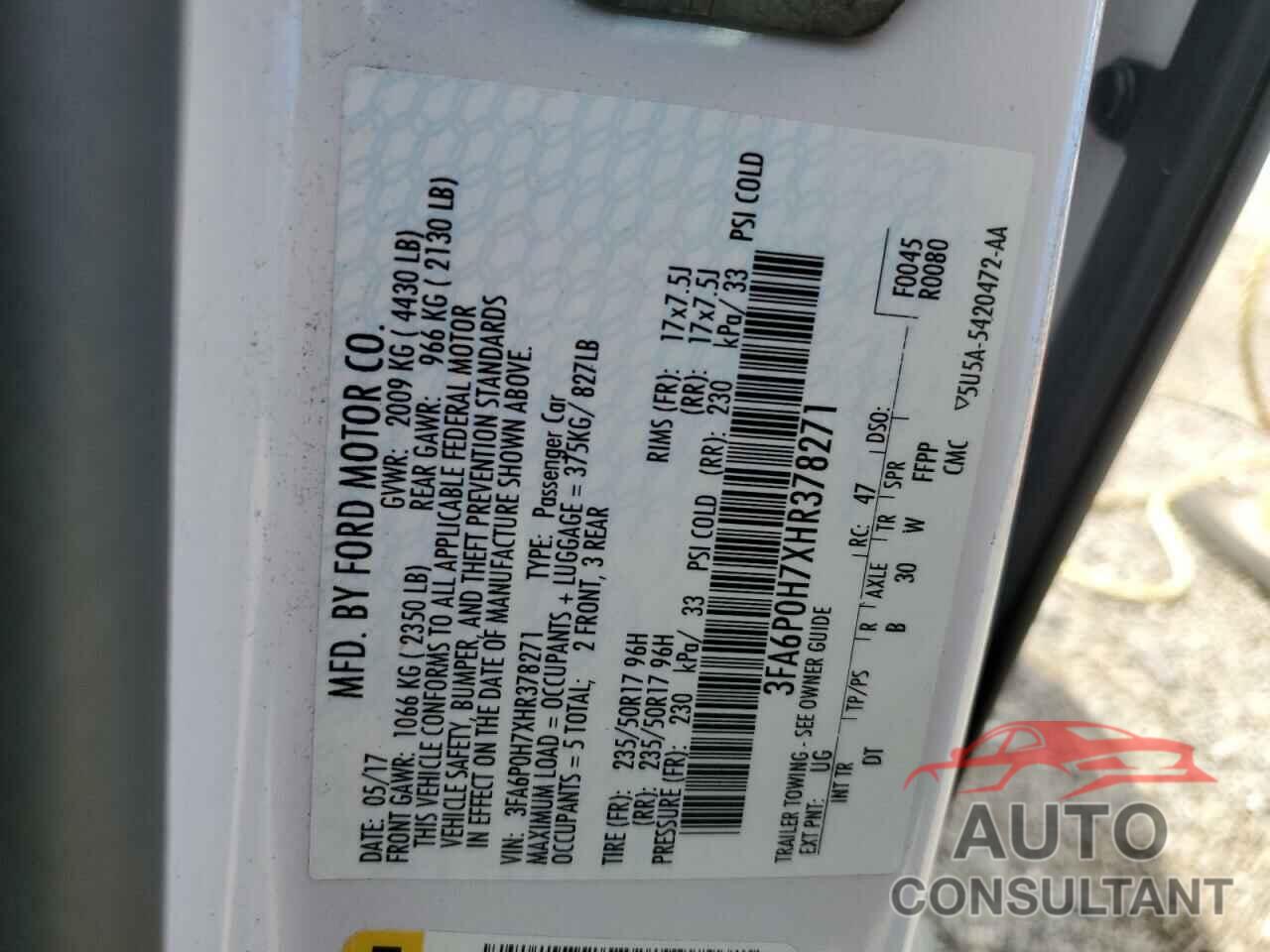 FORD FUSION 2017 - 3FA6P0H7XHR378271