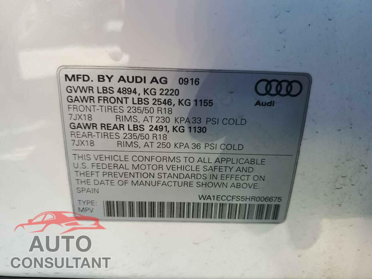 AUDI Q3 2017 - WA1ECCFS5HR006675