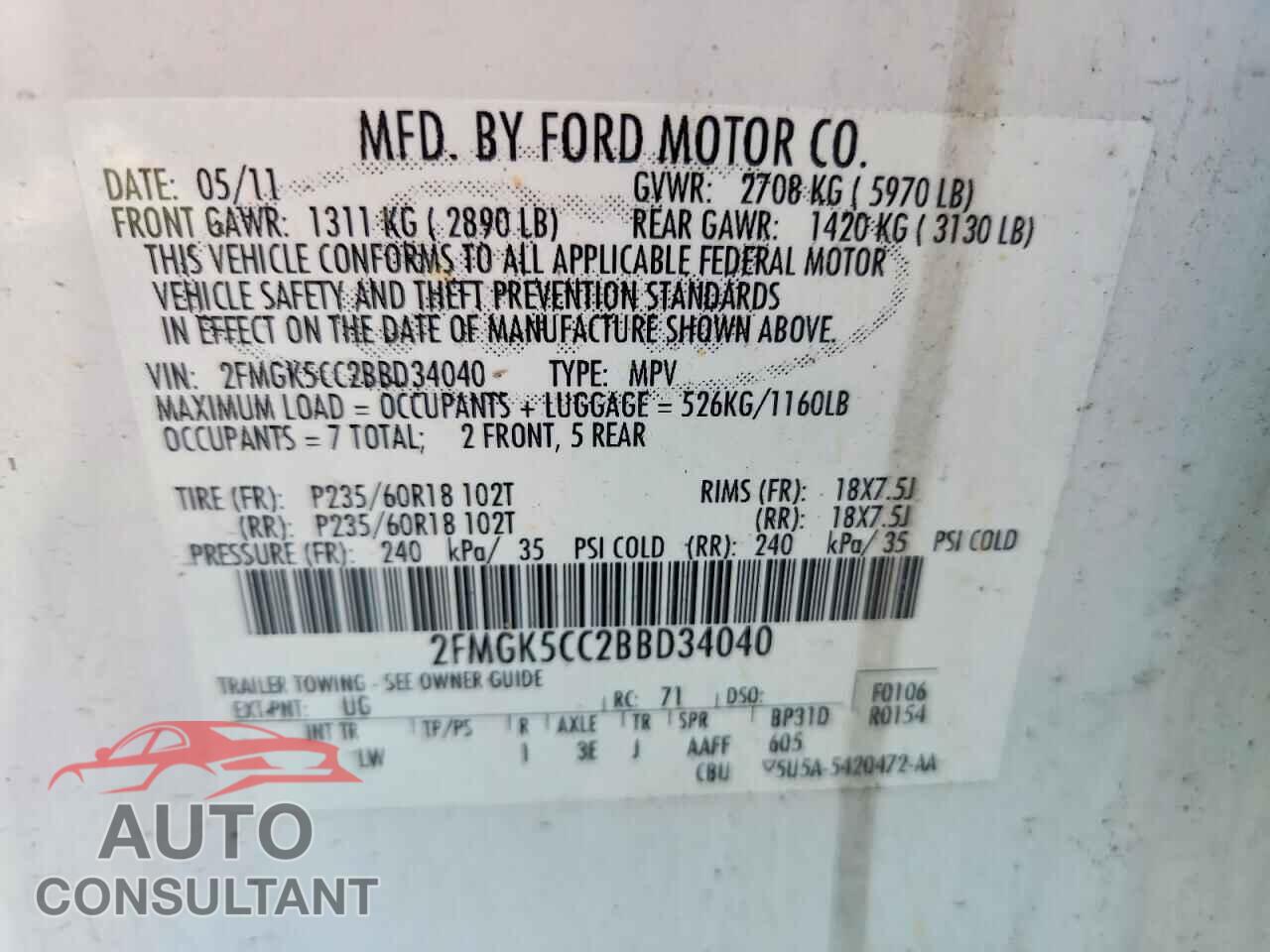 FORD FLEX 2011 - 2FMGK5CC2BBD34040