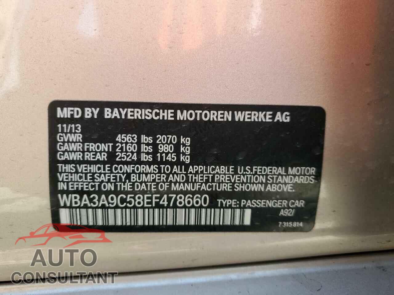 BMW 3 SERIES 2014 - WBA3A9C58EF478660