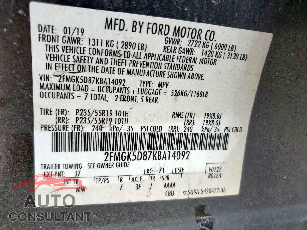 FORD FLEX 2019 - 2FMGK5D87KBA14092