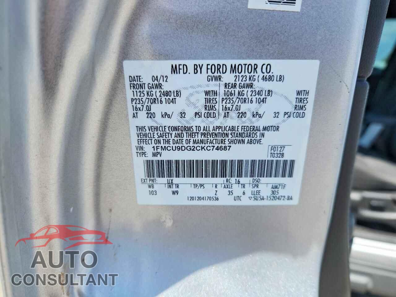 FORD ESCAPE 2012 - 1FMCU9DG2CKC74687