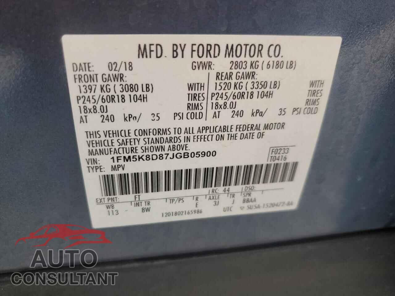 FORD EXPLORER 2018 - 1FM5K8D87JGB05900