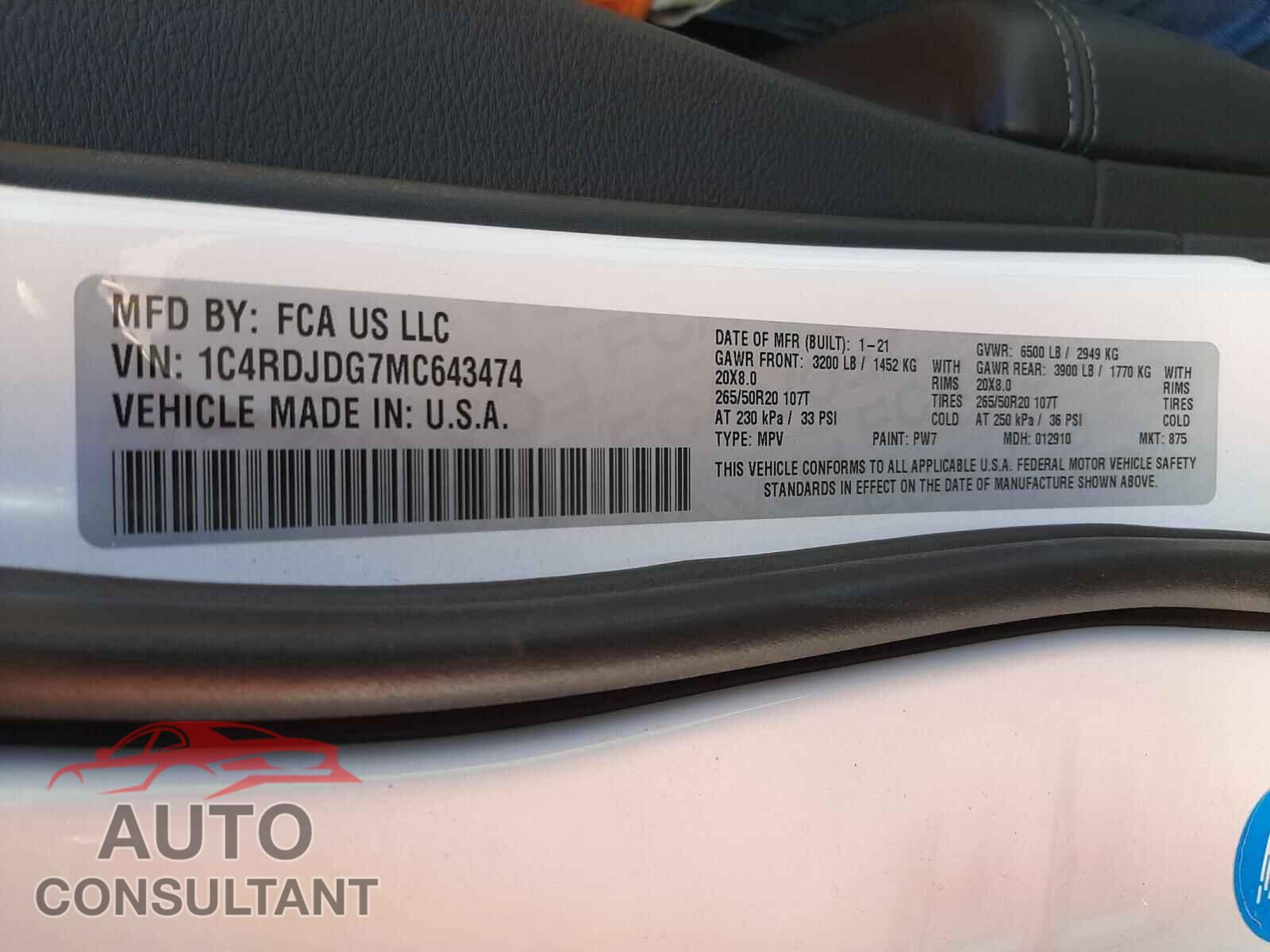 DODGE DURANGO 2021 - 1C4RDJDG7MC643474