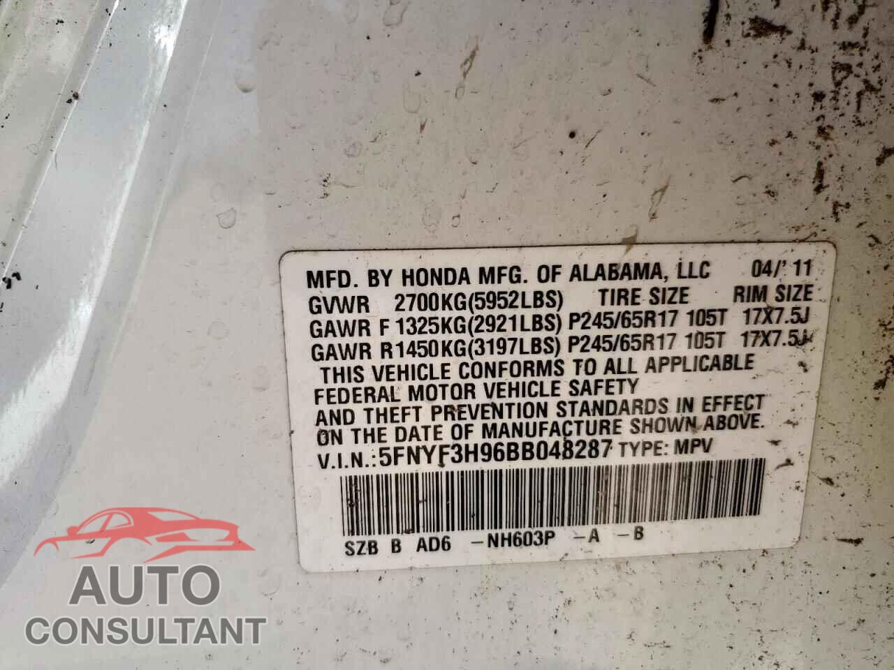 HONDA PILOT 2011 - 5FNYF3H96BB048287