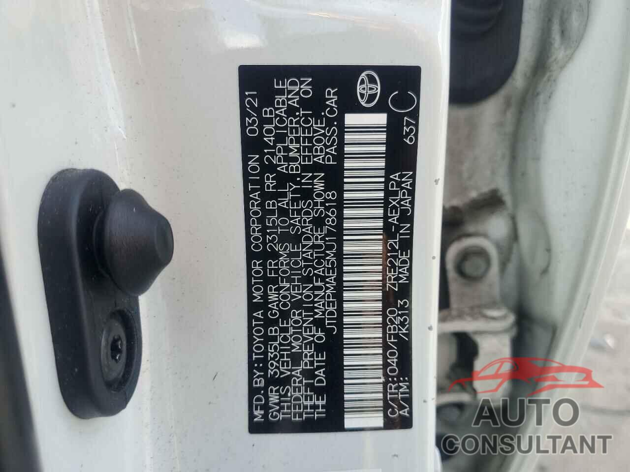 TOYOTA COROLLA 2021 - JTDEPMAE5MJ178618