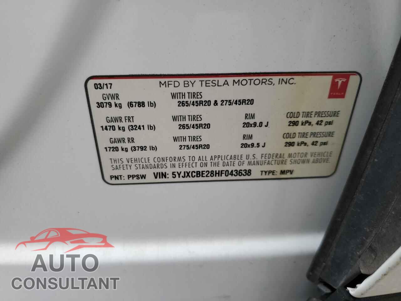TESLA MODEL X 2017 - 5YJXCBE28HF043638