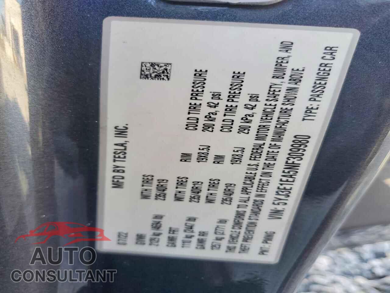 TESLA MODEL 3 2022 - 5YJ3E1EA5NF309980