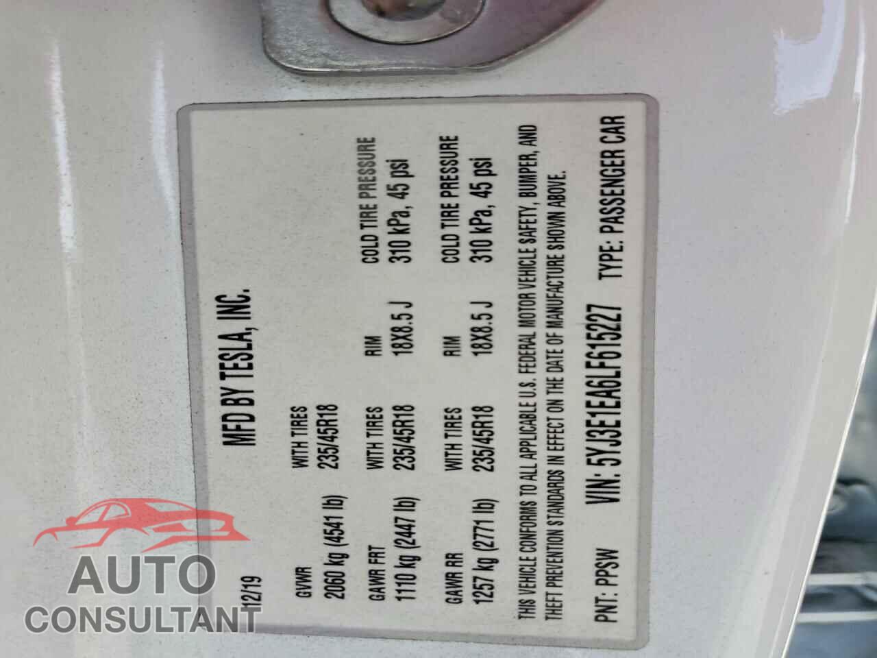 TESLA MODEL 3 2020 - 5YJ3E1EA6LF615227