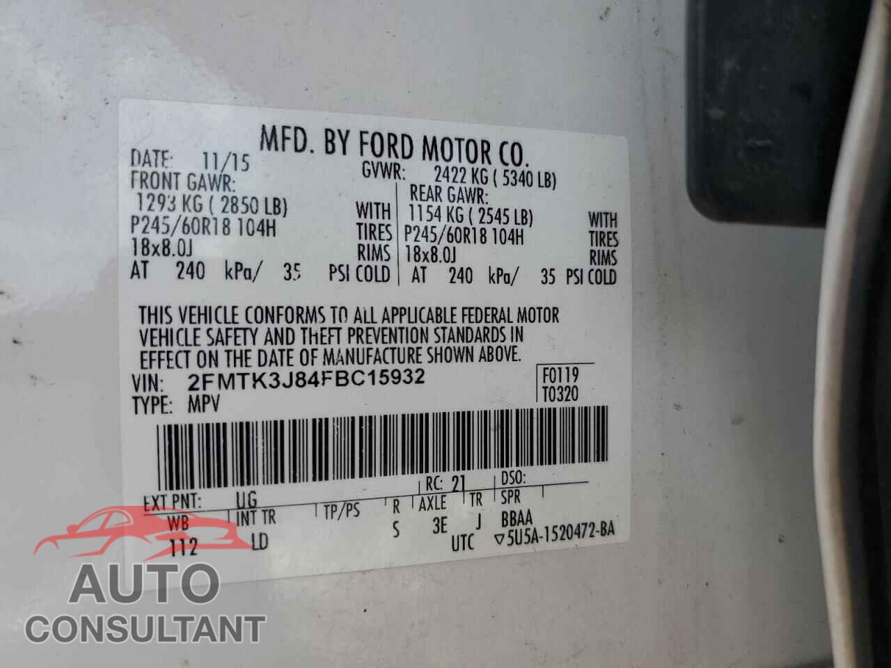 FORD EDGE 2015 - 2FMTK3J84FBC15932