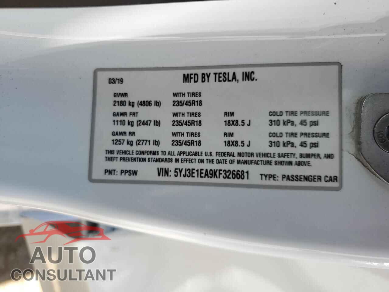 TESLA MODEL 3 2019 - 5YJ3E1EA9KF326681