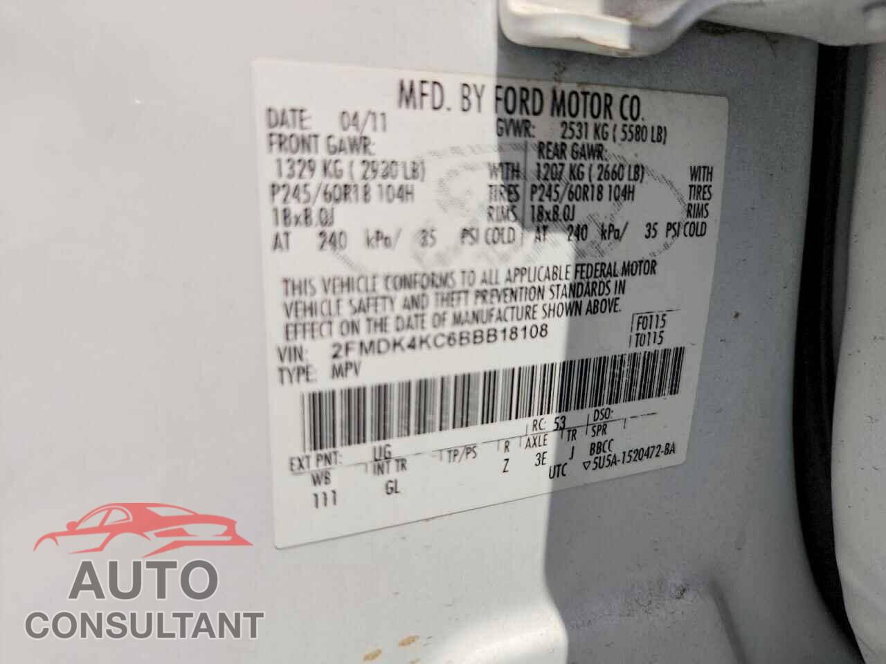 FORD EDGE 2011 - 2FMDK4KC6BBB18108