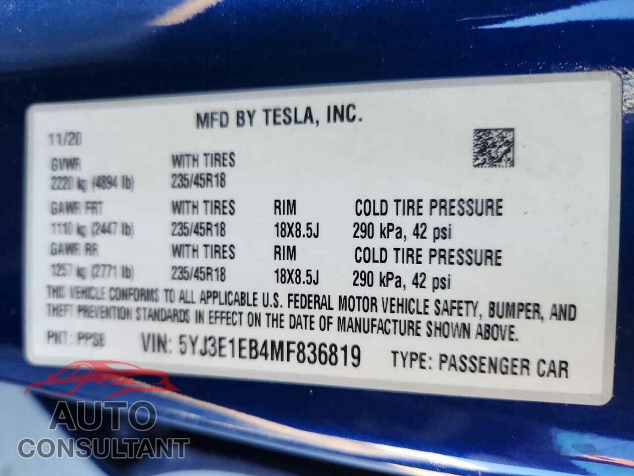 TESLA MODEL 3 2021 - 5YJ3E1EB4MF836819