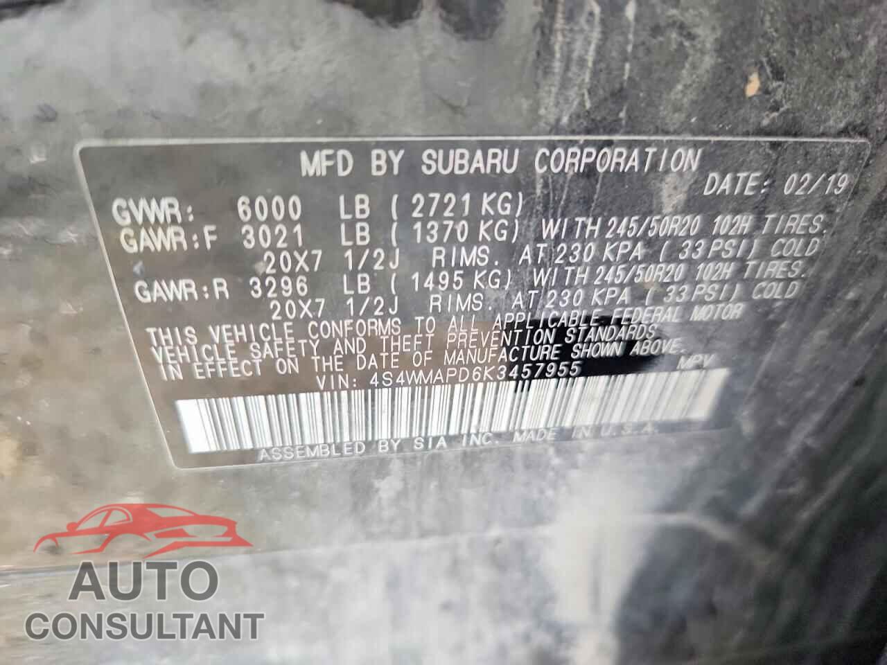 SUBARU ASCENT 2019 - 4S4WMAPD6K3457955