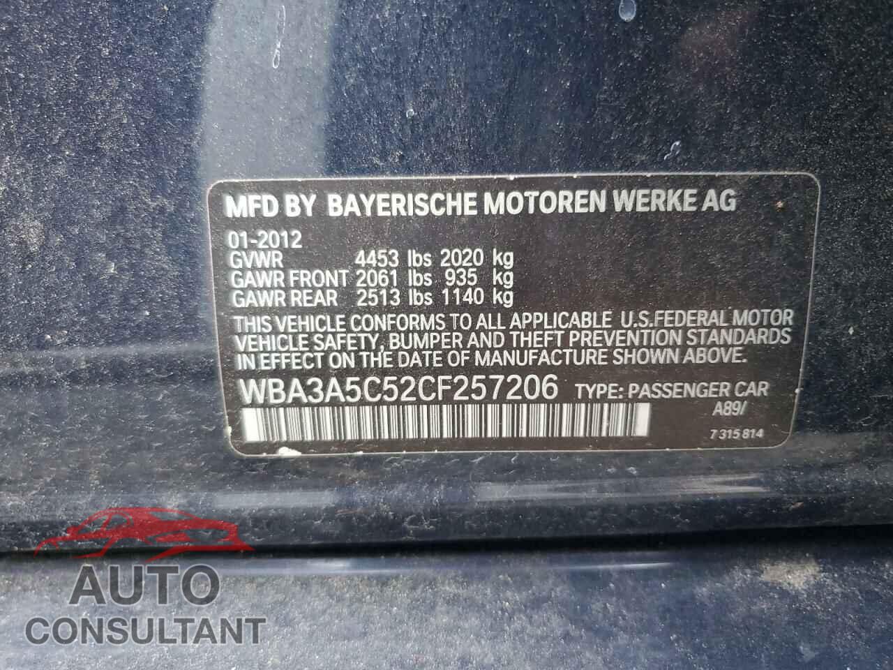 BMW 3 SERIES 2012 - WBA3A5C52CF257206