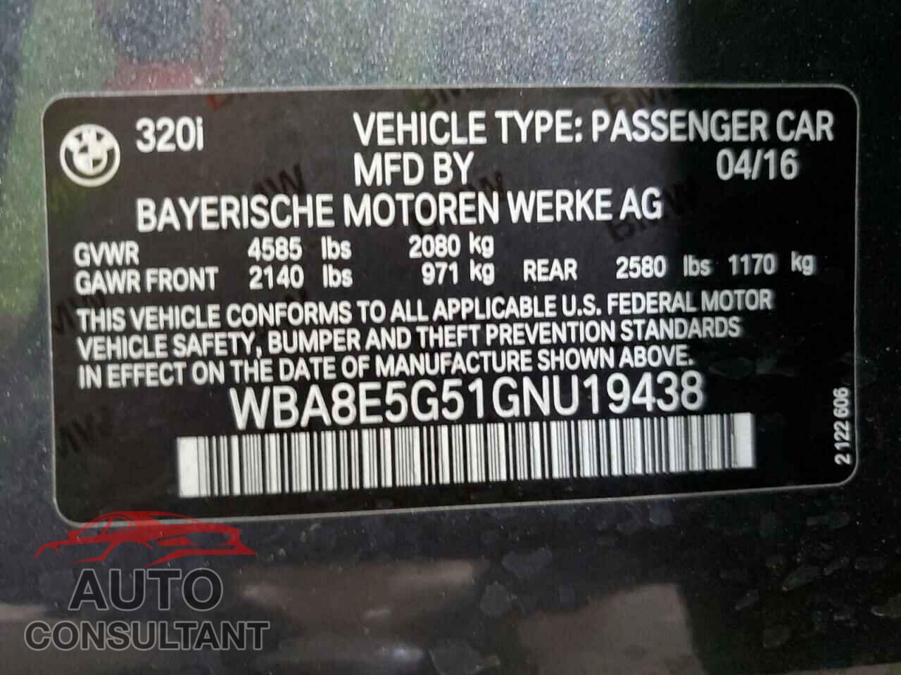BMW 3 SERIES 2016 - WBA8E5G51GNU19438