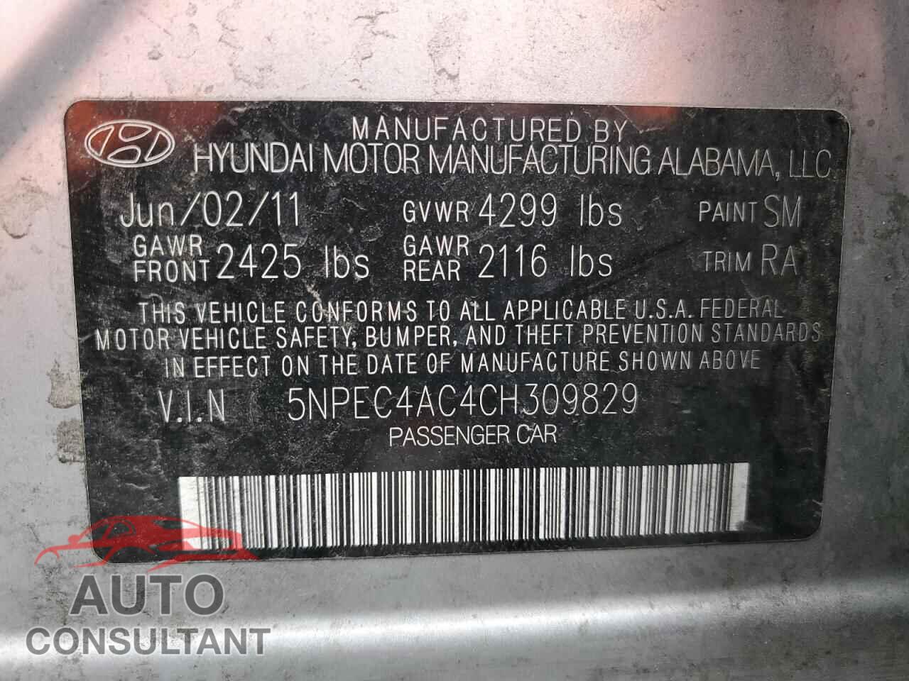 HYUNDAI SONATA 2012 - 5NPEC4AC4CH309829