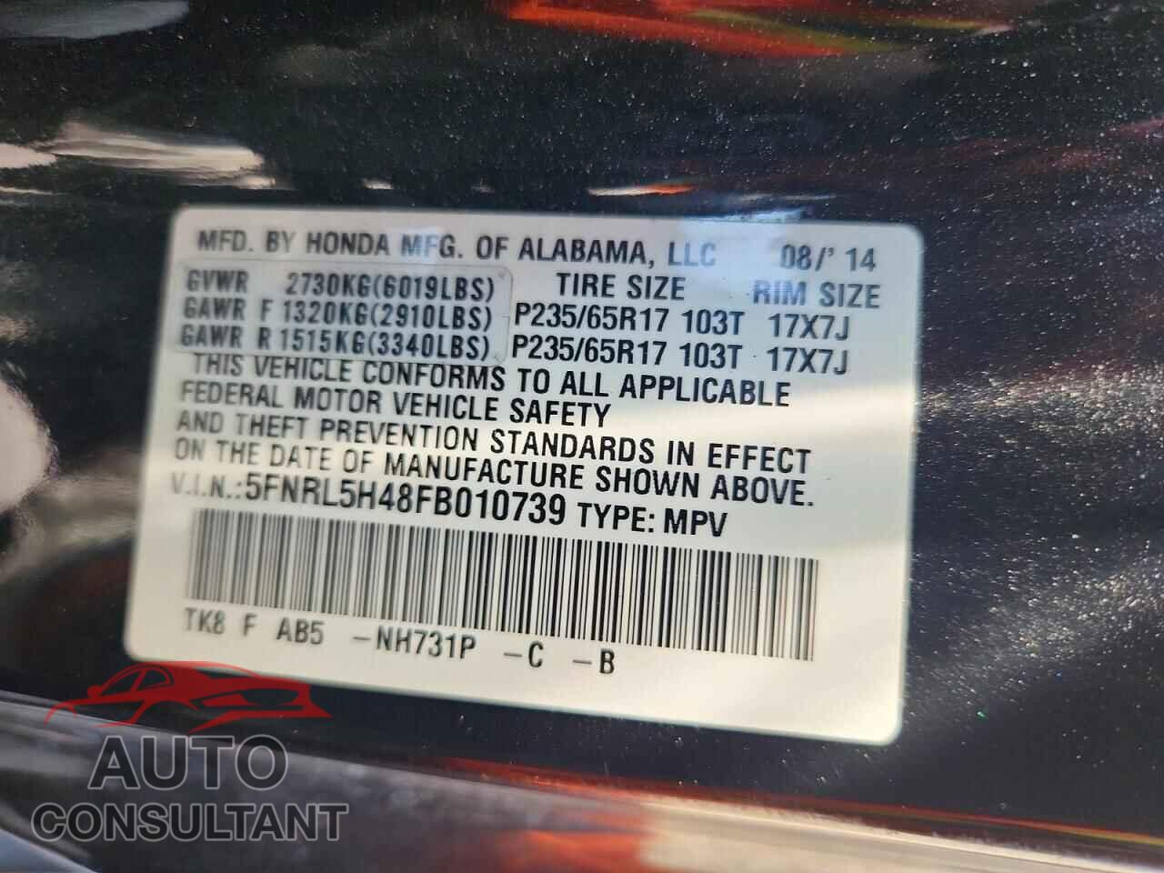 HONDA ODYSSEY 2015 - 5FNRL5H48FB010739