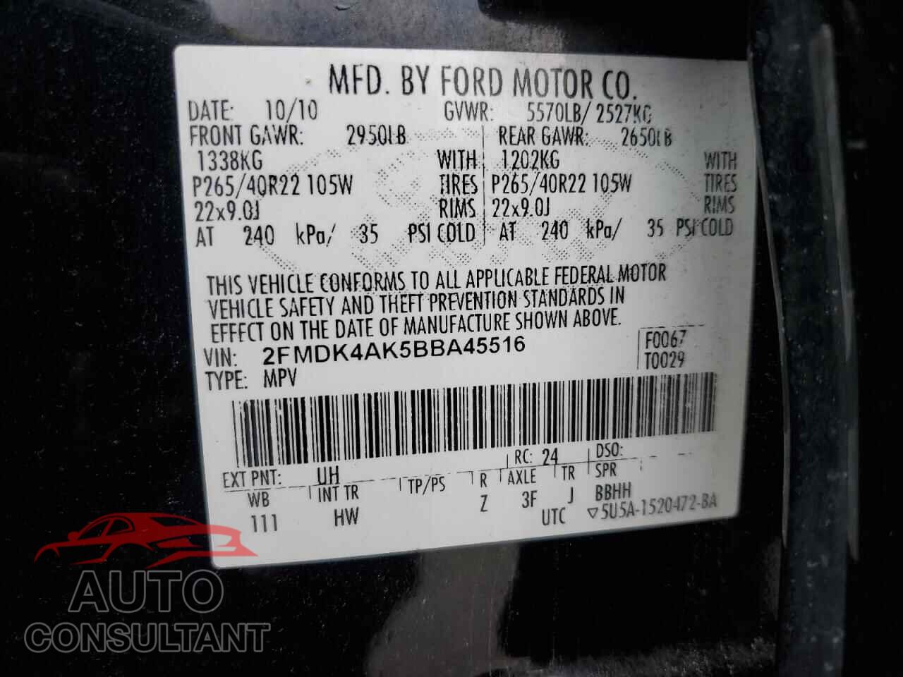 FORD EDGE 2011 - 2FMDK4AK5BBA45516