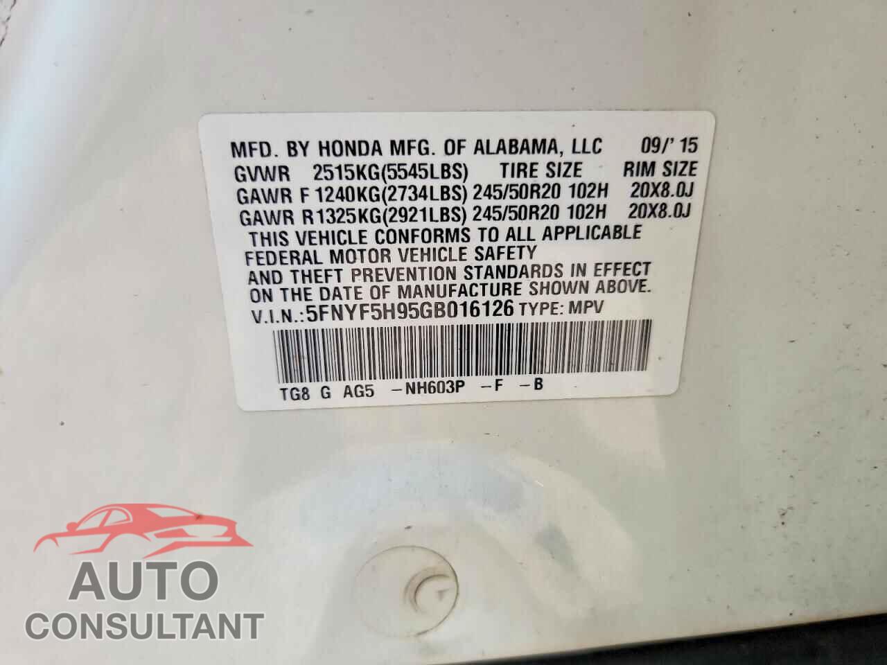 HONDA PILOT 2016 - 5FNYF5H95GB016126