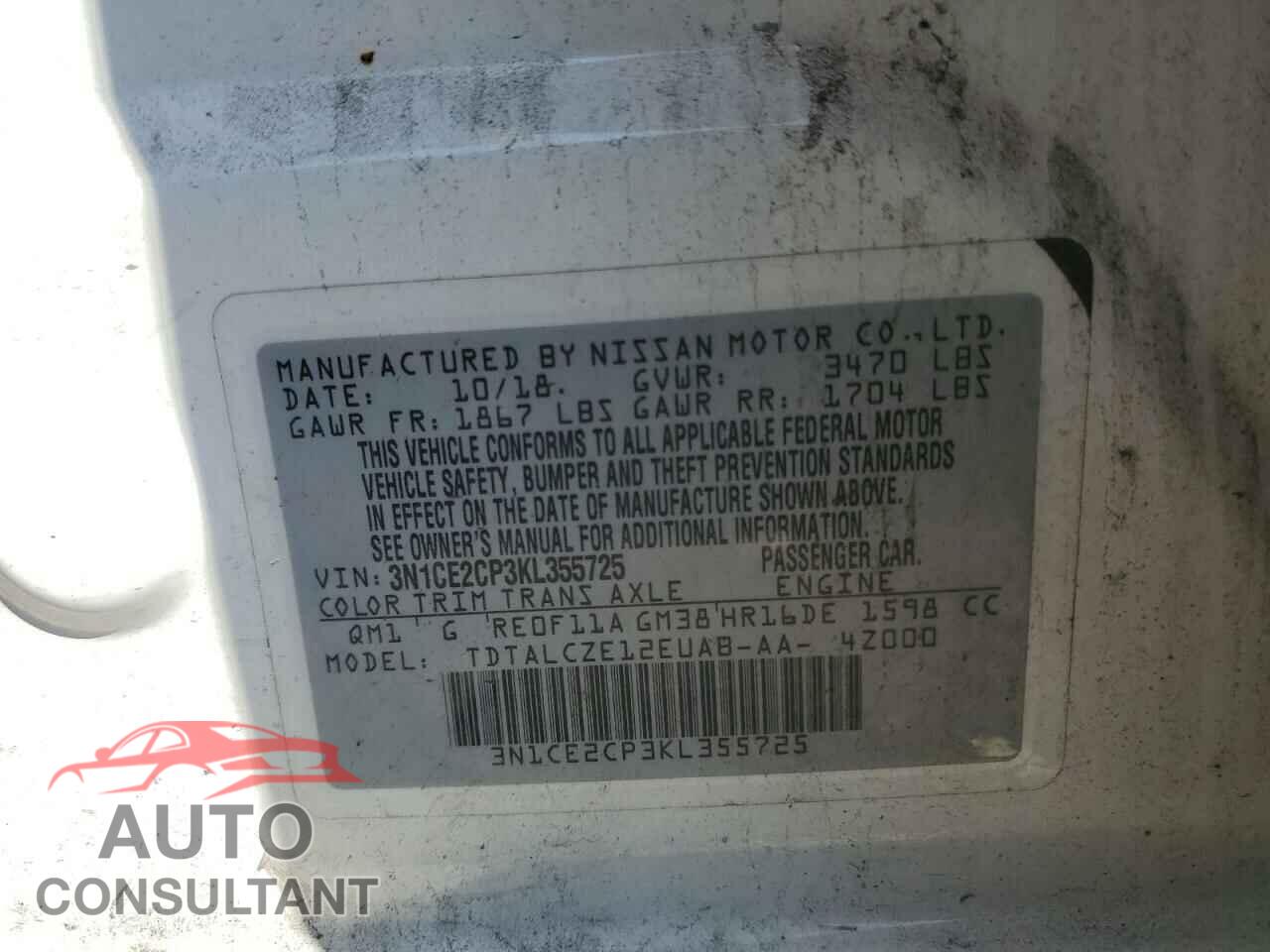 NISSAN VERSA 2019 - 3N1CE2CP3KL355725