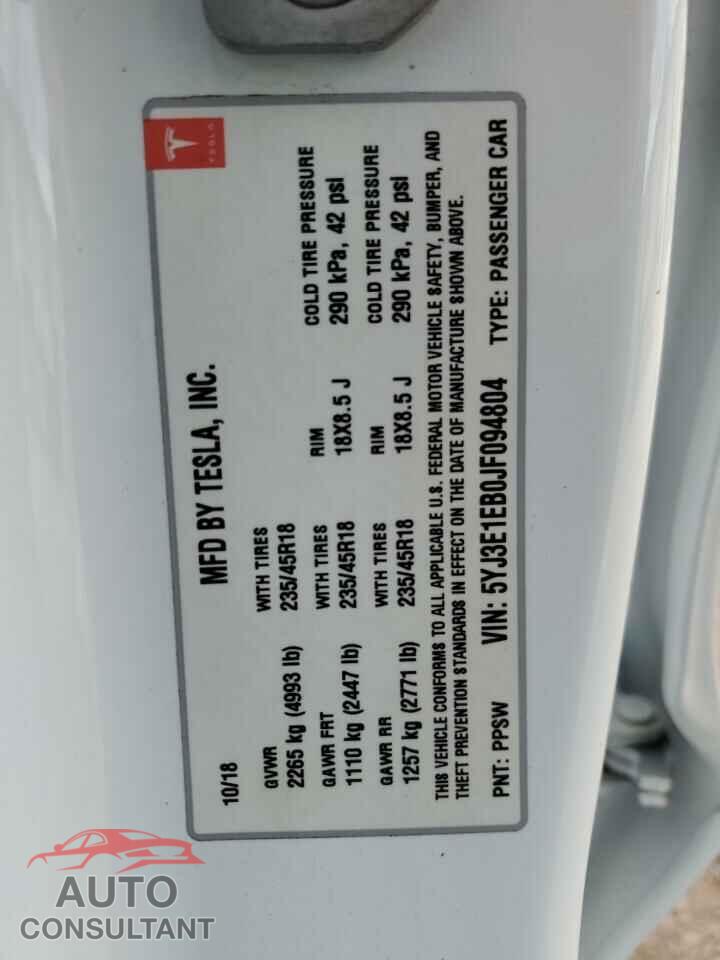 TESLA MODEL 3 2018 - 5YJ3E1EB0JF094804