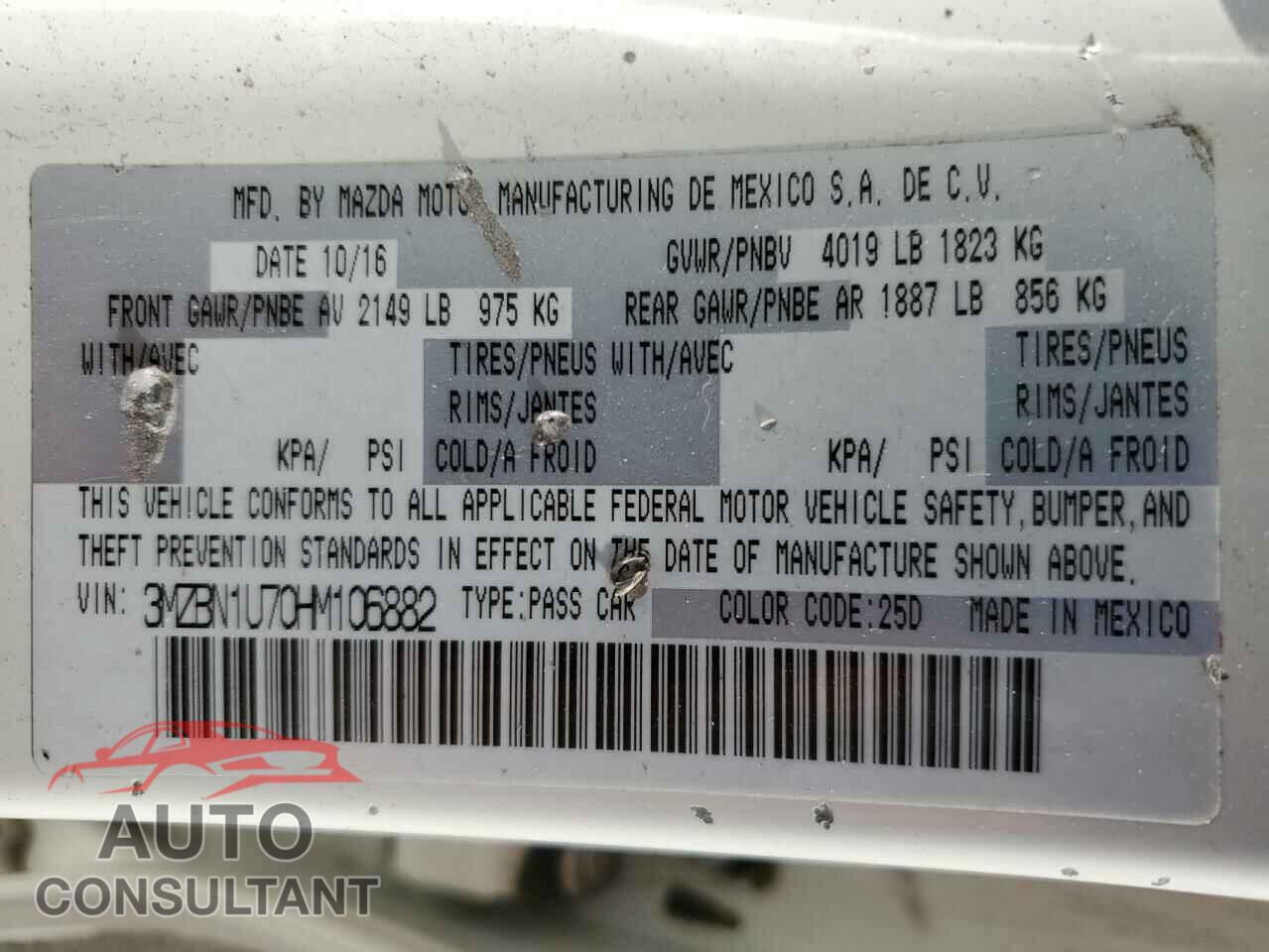 MAZDA 3 2017 - 3MZBN1U70HM106882