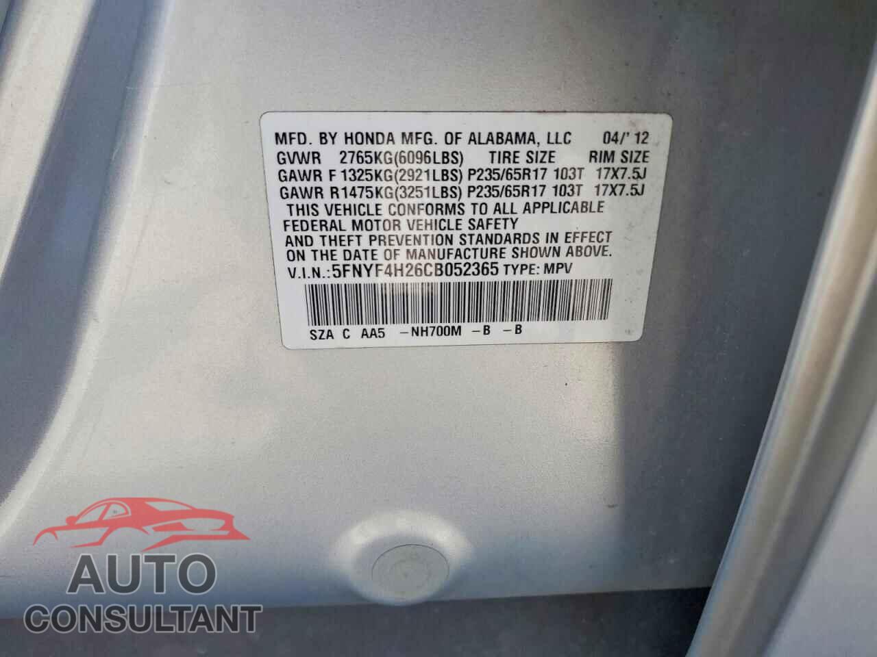HONDA PILOT 2012 - 5FNYF4H26CB052365