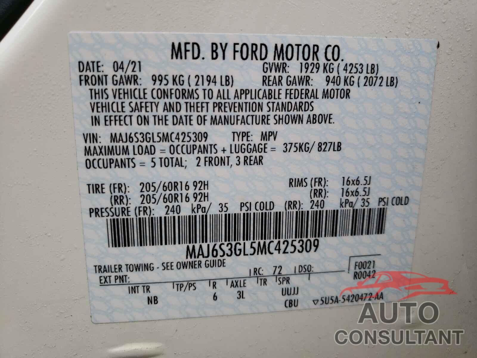 FORD ALL OTHER 2021 - MAJ6S3GL5MC425309