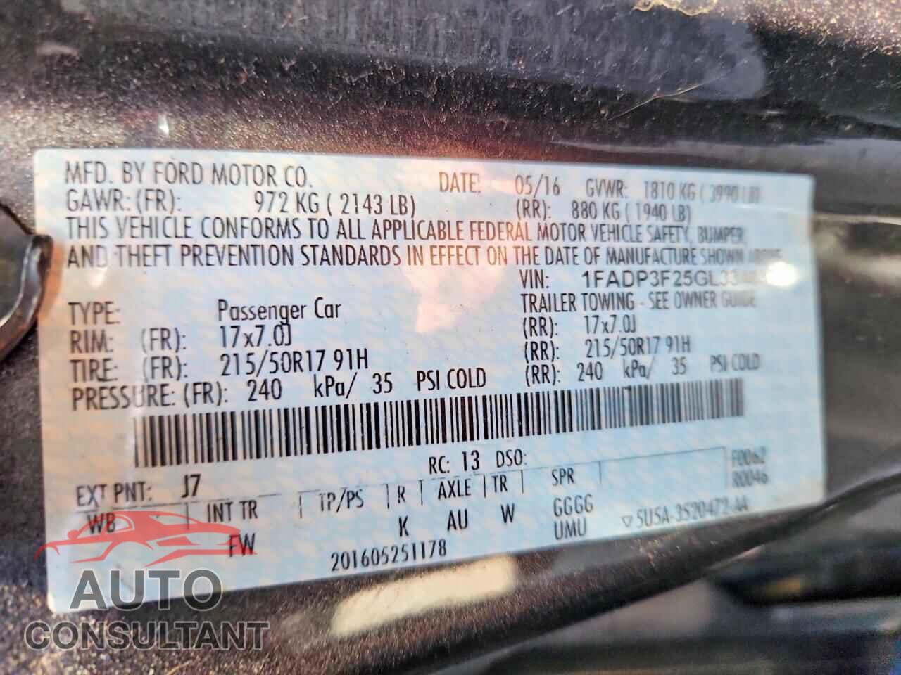 FORD FOCUS 2016 - 1FADP3F25GL334837