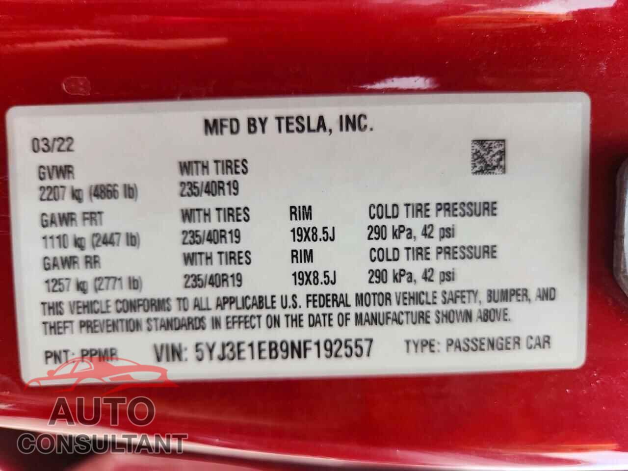 TESLA MODEL 3 2022 - 5YJ3E1EB9NF192557
